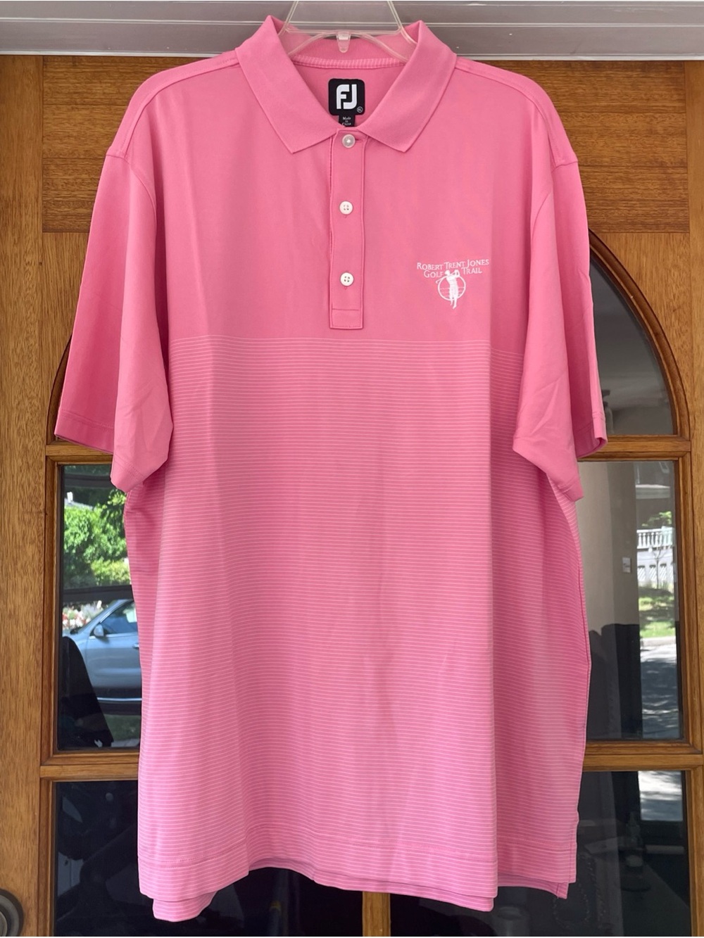 Footjoy Men’s Pink White Striped Golf Polo Shirt Robert Trent Jones Logo Size XL